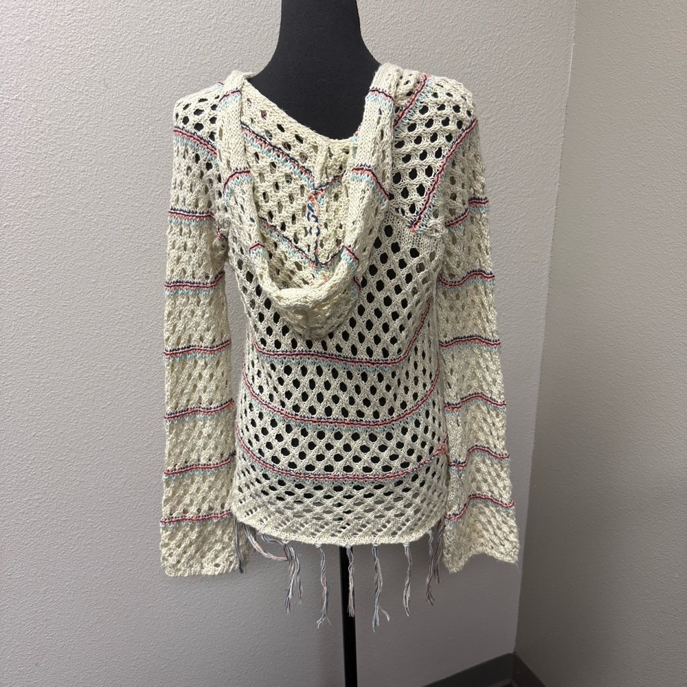 Poof! by Free People Open Knit Fringe Sweater Cream Boho Festival Beach Cover - Picture 6 of 10